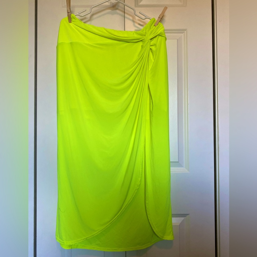 Club London neon yellow midi skirt with knot detail, asymmetrical, layered, wrap